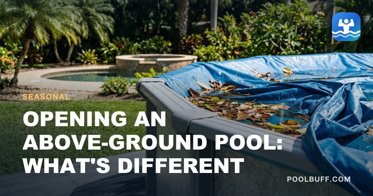 An above-ground pool with its winter cover half pulled back off the top rail, wet leaves pooled in the slack of the cover