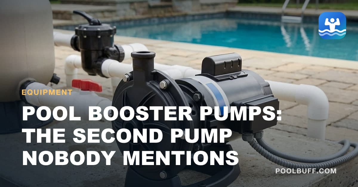 A black pool pump on a concrete equipment pad, plumbed in white PVC to a multiport valve and filter tank, with the pool behind