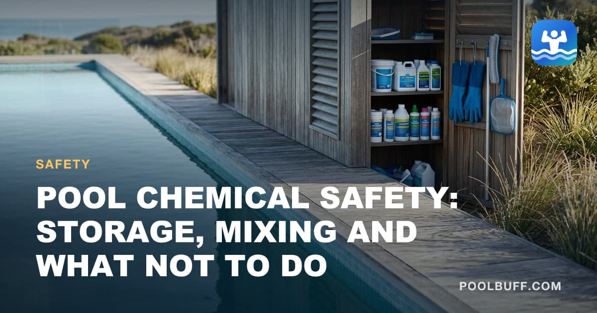 Pool chemicals stored separately on shelves in a ventilated shed, gloves nearby