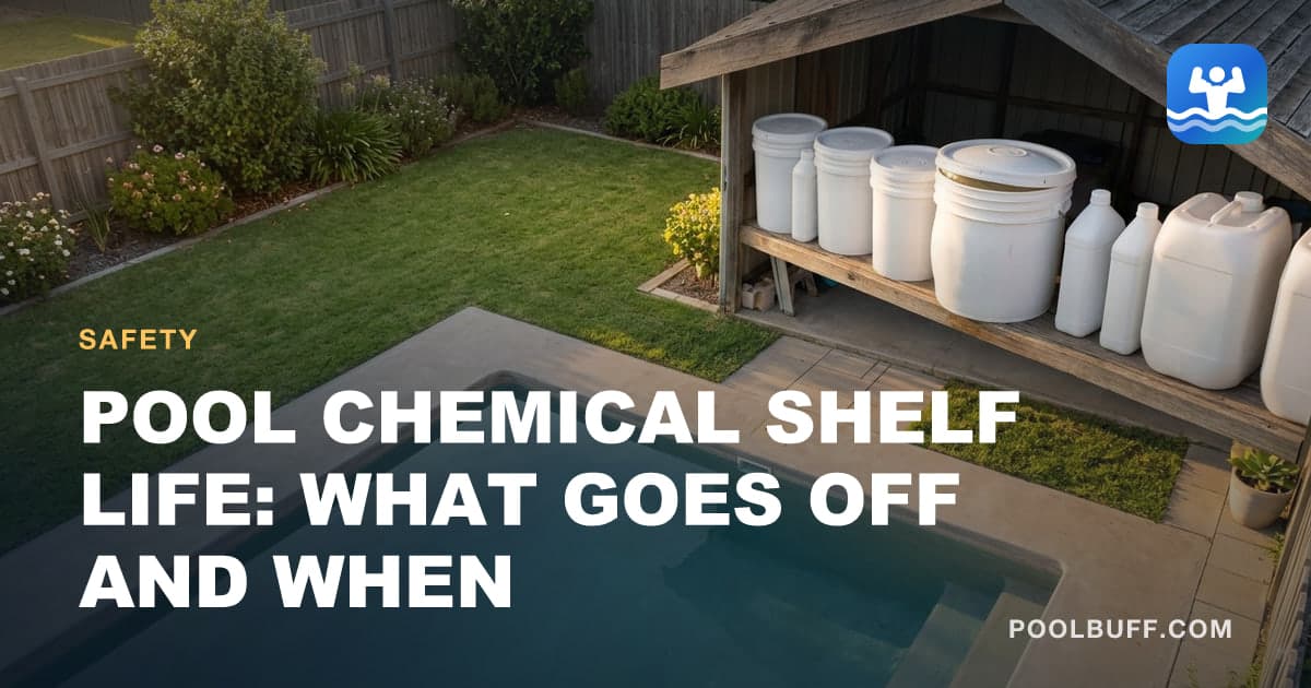 A row of plain chemical containers on a shed shelf, one bucket among them visibly swollen and bulging at the sides, its lid domed upward