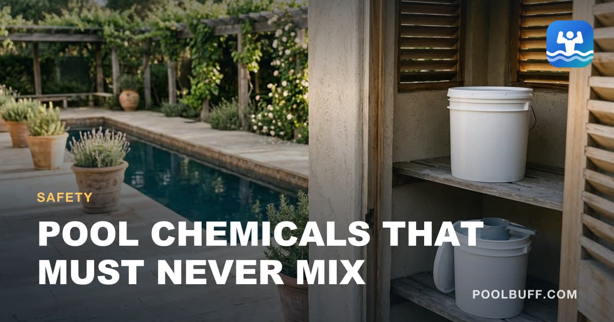 Two plain white chemical buckets stored well apart on separate shelves in a ventilated shed