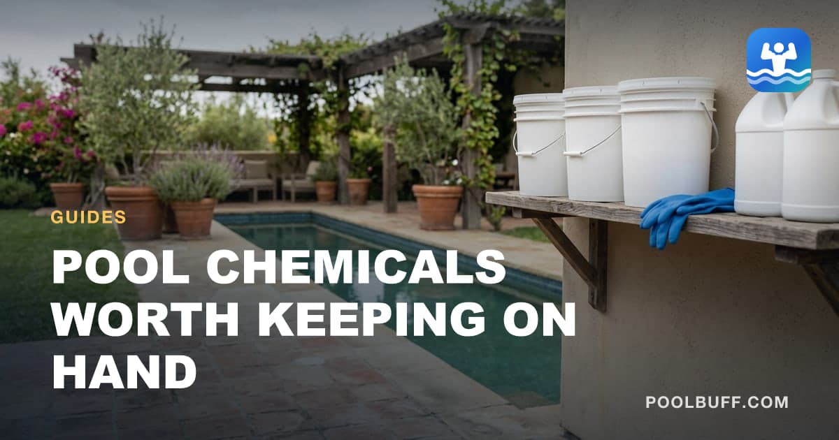 A short row of plain white pool chemical buckets and jugs on a garage shelf, lids seated, every label turned away