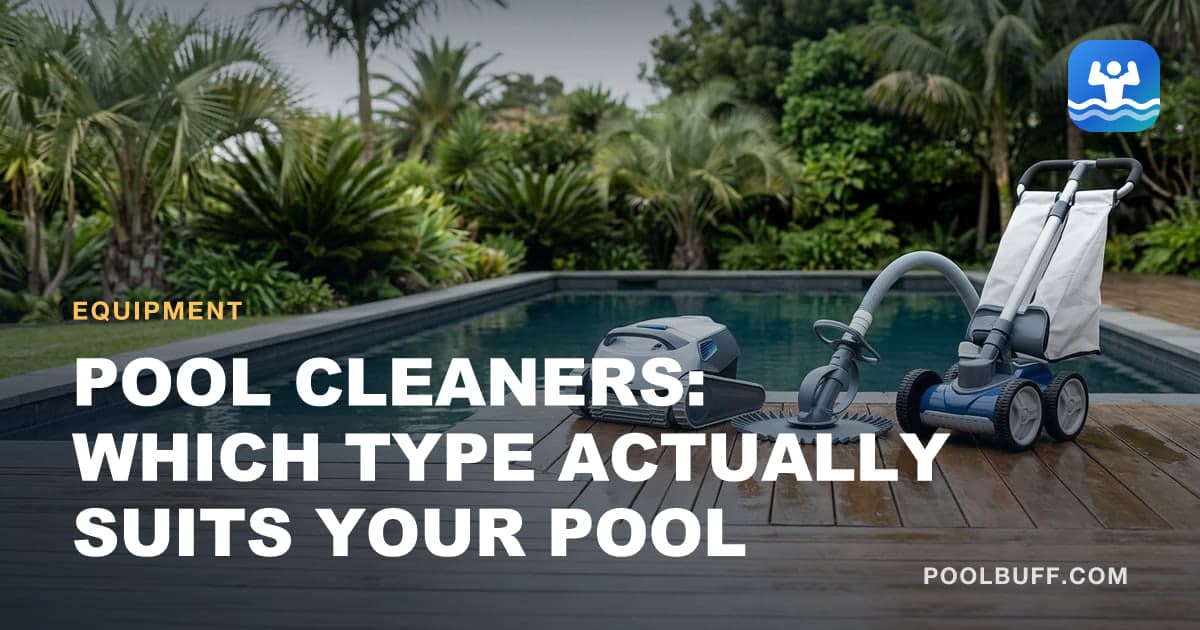 Three pool cleaners laid out in a single row on wet decking at the same scale — a robotic unit, a suction cleaner