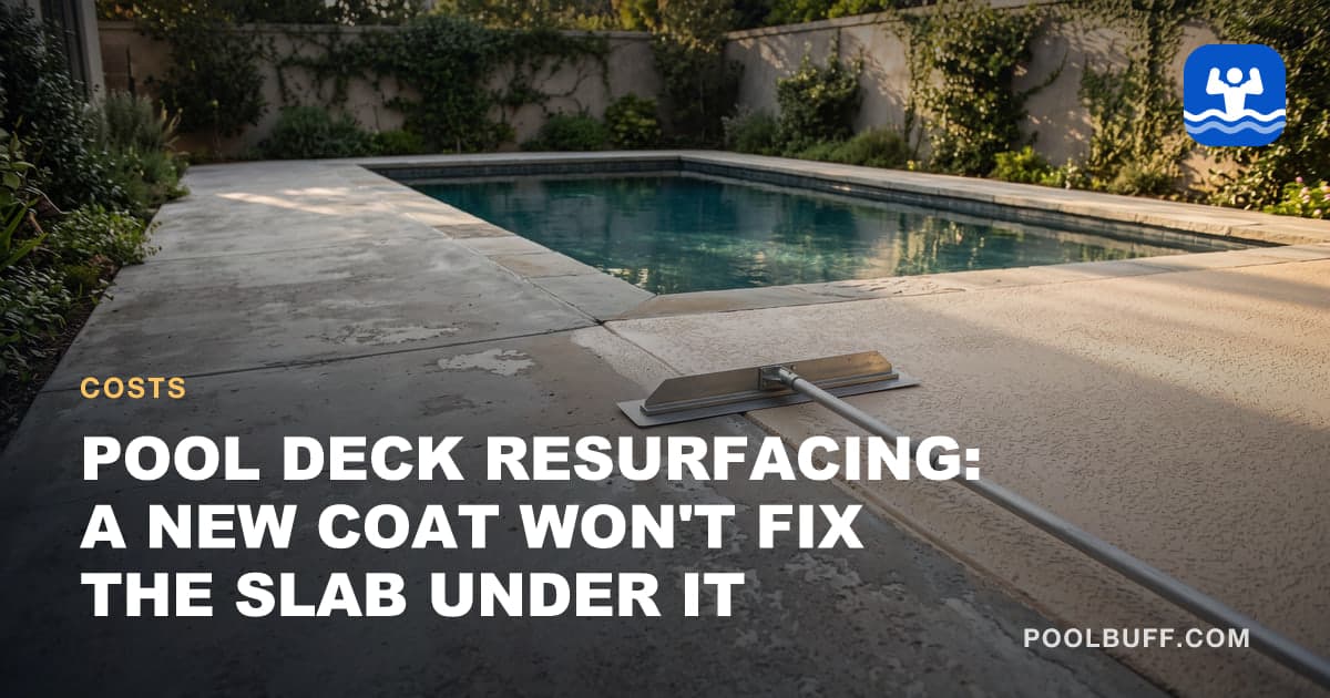 A pool deck half resurfaced: worn, cracked gray concrete in front, new tan spray texture beside it, a knockdown trowel on a pole at the seam, the pool beyond