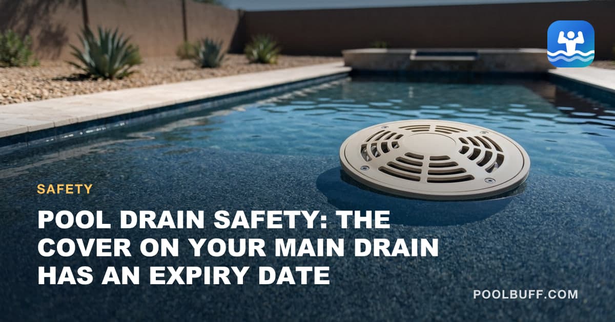 A modern anti-entrapment main drain cover on a clean pool floor