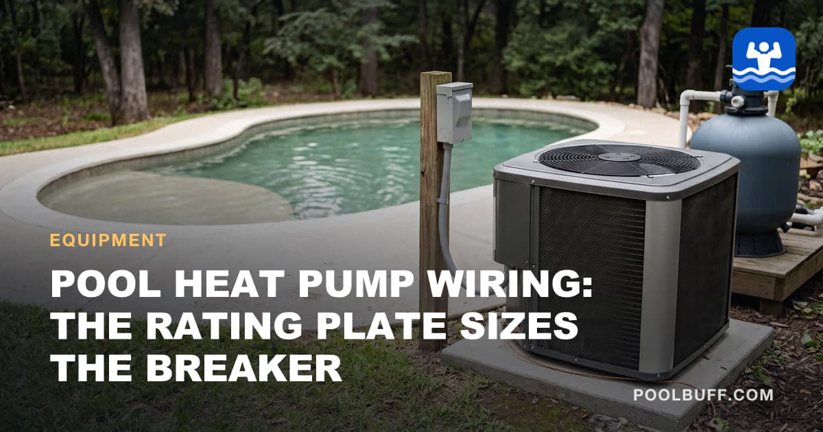 A pool heat pump on a concrete pad by the pool, a gray disconnect box on a post beside it with conduit into its side