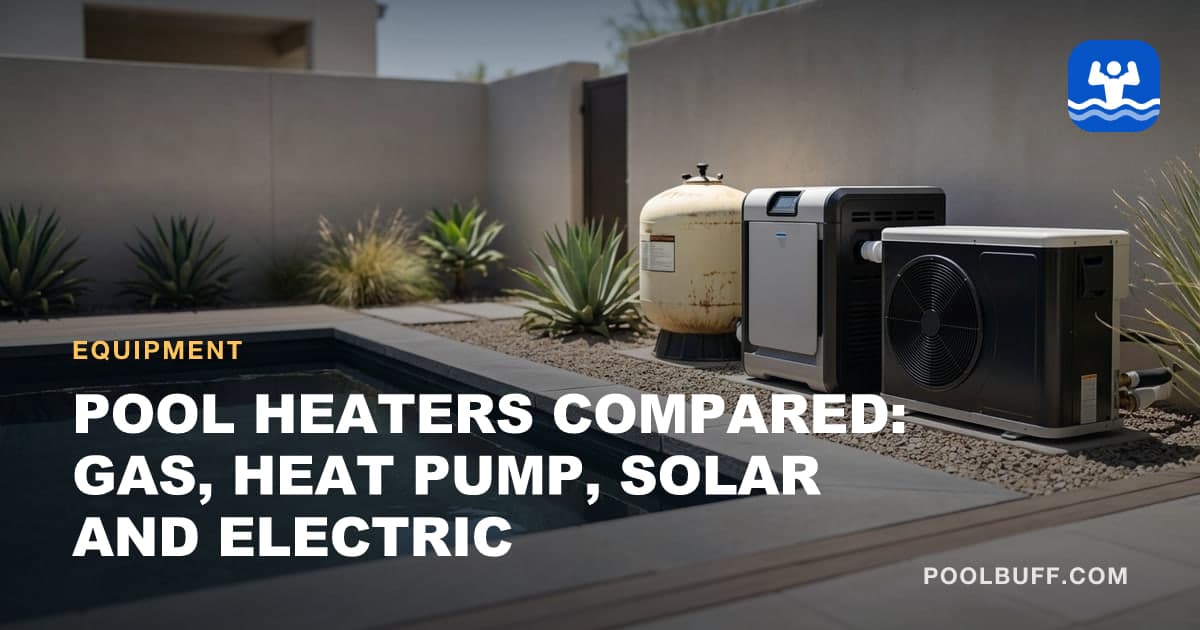 A gas heater and a heat pump installed side by side at a pool pad
