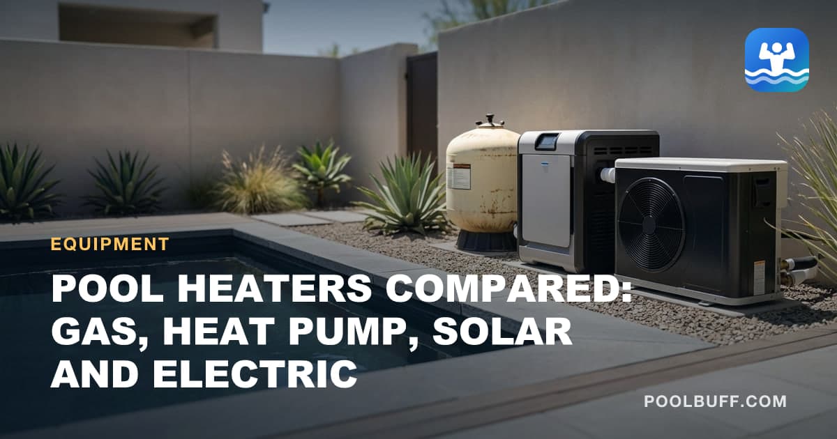 A gas heater and a heat pump installed side by side at a pool pad