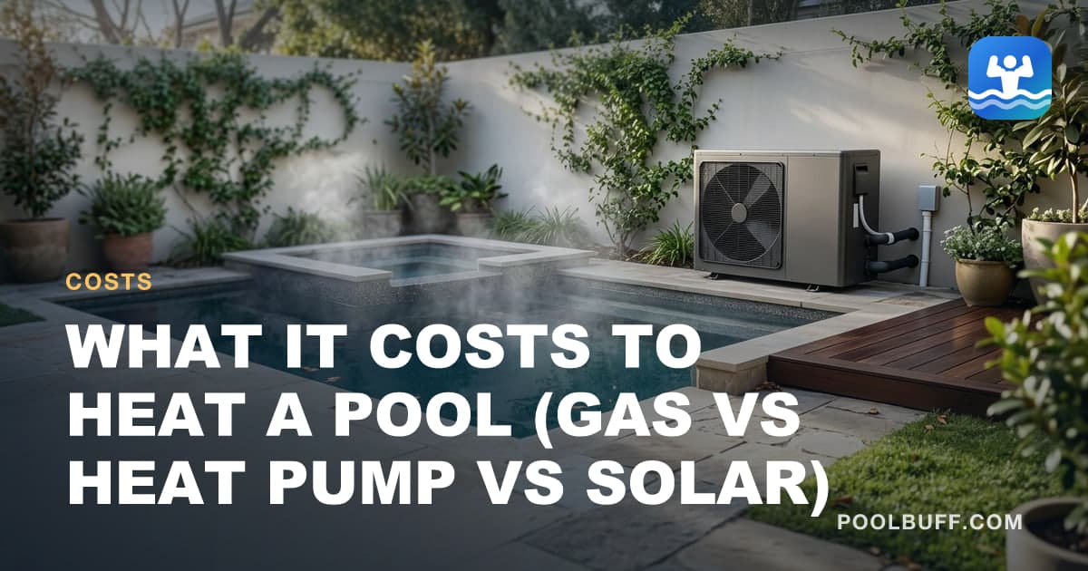 A pool heat pump beside a pool with steam rising off the water in cool air