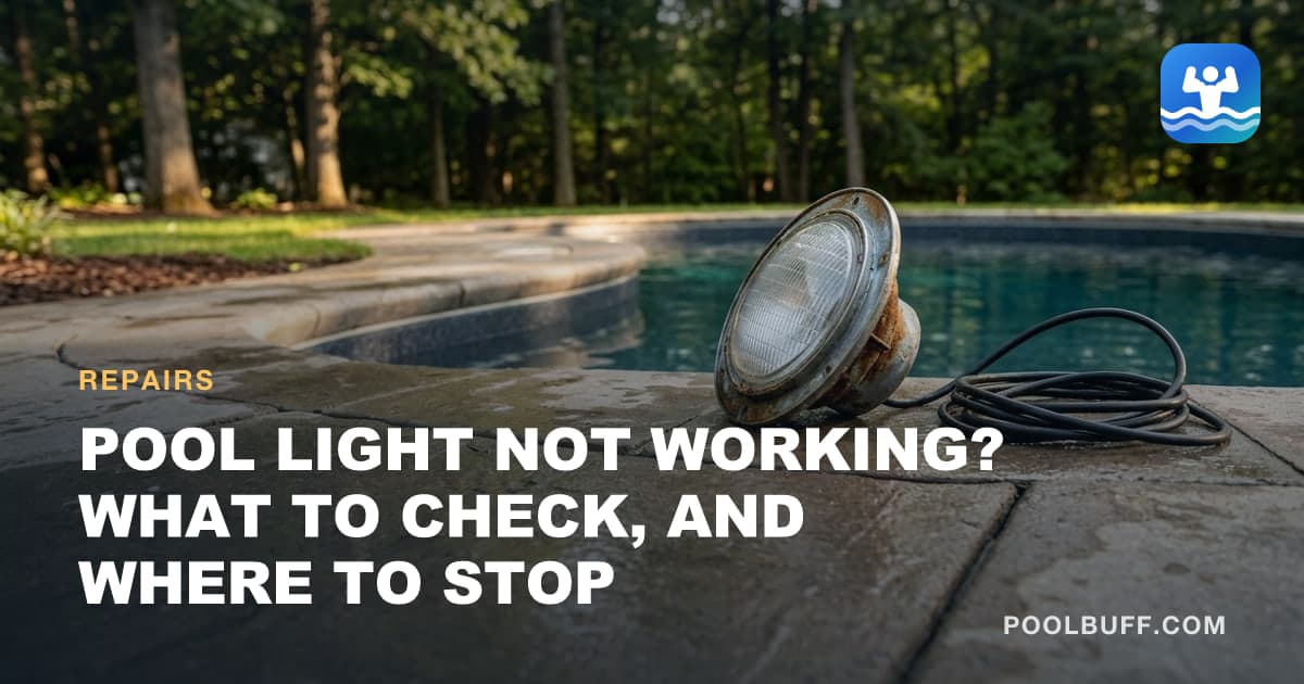 A pool light fixture out of its niche and propped on wet coping, its stainless rim rusted, black cord coiled beside it, the pool and a wooded lot behind