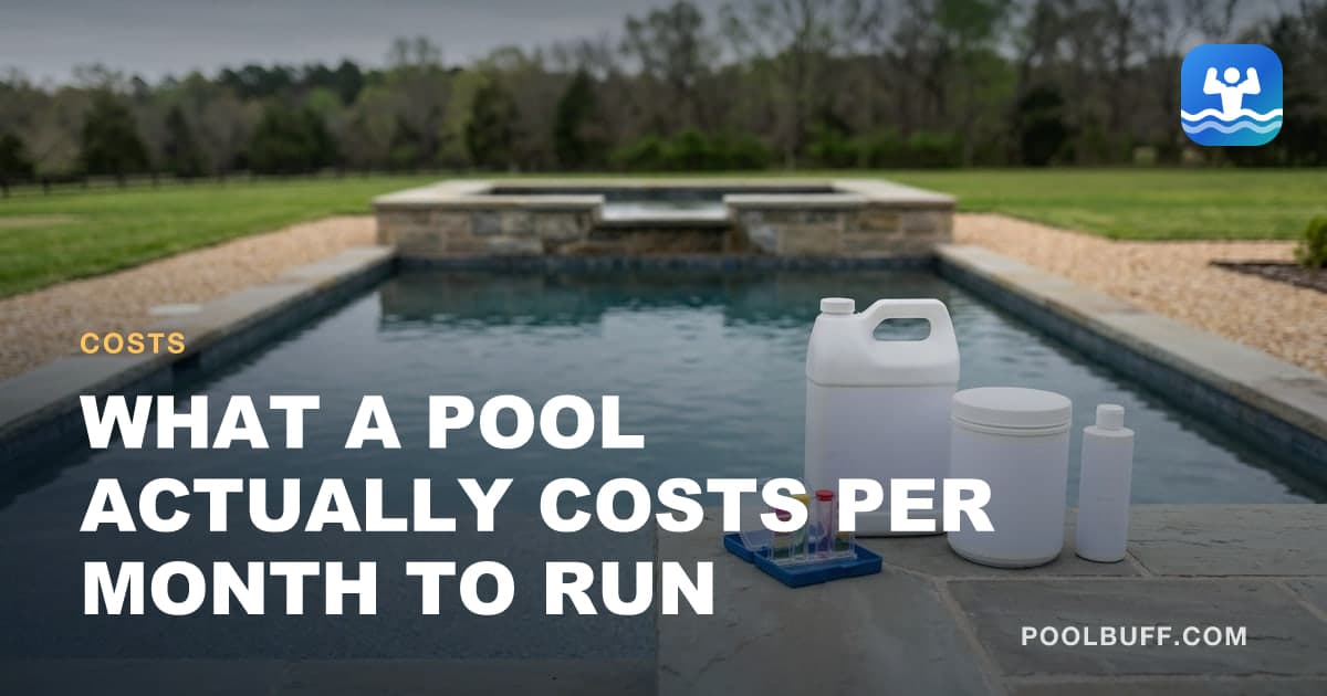 Plain unbranded pool chemical containers and an open test kit lined up on stone coping — a white jug, a sealed white tub, a smaller bottle