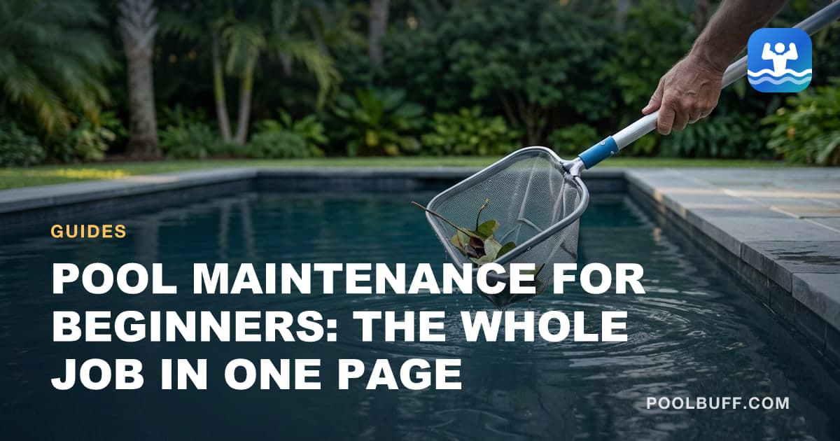 A homeowner skimming leaves from a clean, well-kept backyard pool