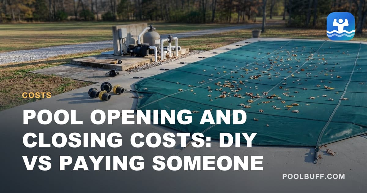 A pool under a taut mesh safety cover in fall light, the equipment pad behind it drained with its drain plugs lying loose on the concrete