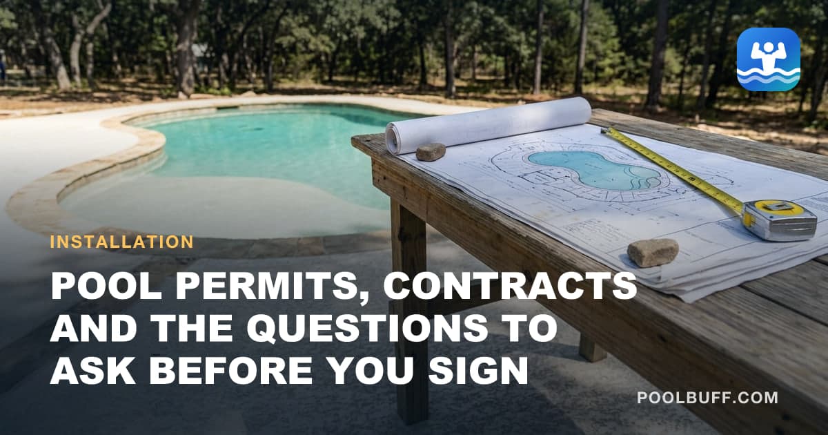 Site plans and a tape measure laid out on a table overlooking a backyard