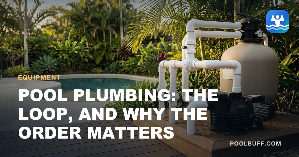 Neat white PVC pool plumbing with valves running into a pump and filter
