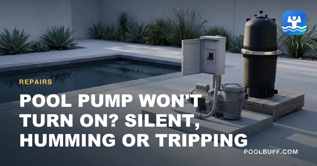 A pool pump on a concrete pad beside a gray breaker box on a post, its door open and conduit running down to the motor, with a black cartridge filter behind