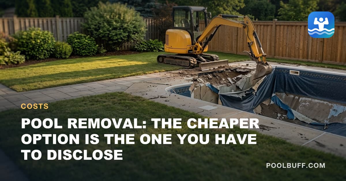 An excavator beside a drained, broken-up pool shell mid-removal