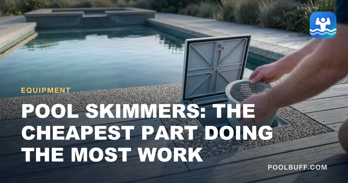 An open skimmer lid showing the basket and weir door at the pool edge