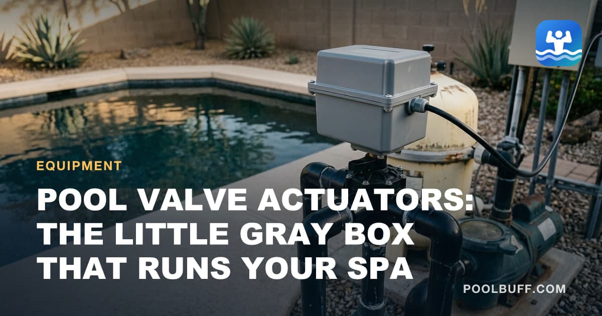 A rectangular gray plastic actuator box sitting on top of a three-way diverter valve, bolted down over the valve stem