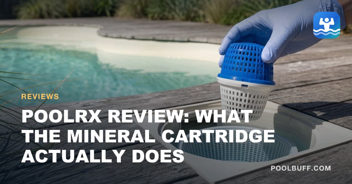 A small blue cylindrical mineral cartridge held in a gloved hand above an open pool skimmer, the empty basket visible in the throat below