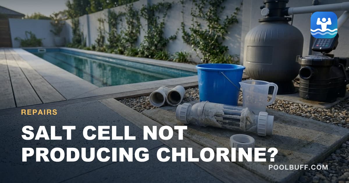 A salt system controller with four indicator lamps, one lit, and the chlorinator cell plumbed inline downstream of it