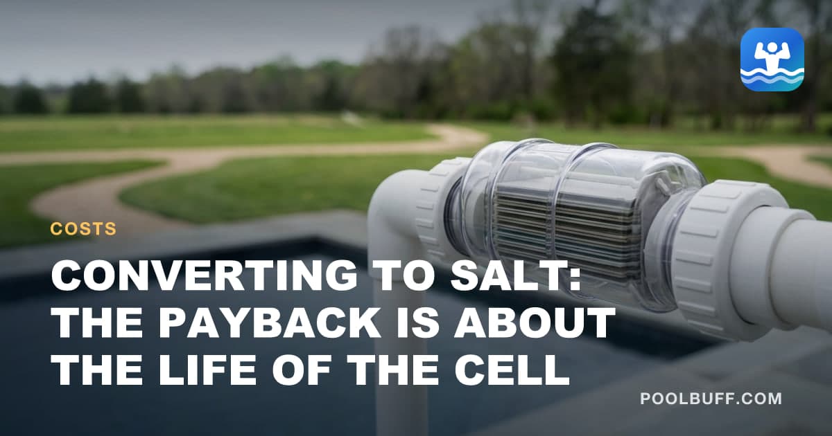 A salt chlorinator cell filling the frame, mounted inline on white PVC with a union nut at each end