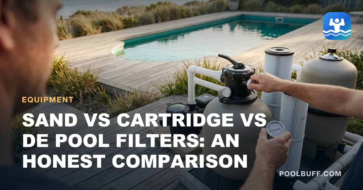 A sand filter, a cartridge filter and a DE filter grouped on a pool pad