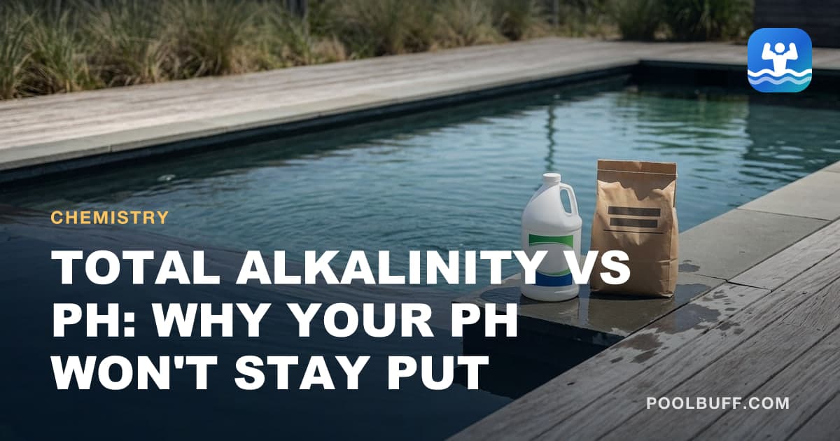 A bottle of muriatic acid and a bag of alkalinity increaser on wet coping
