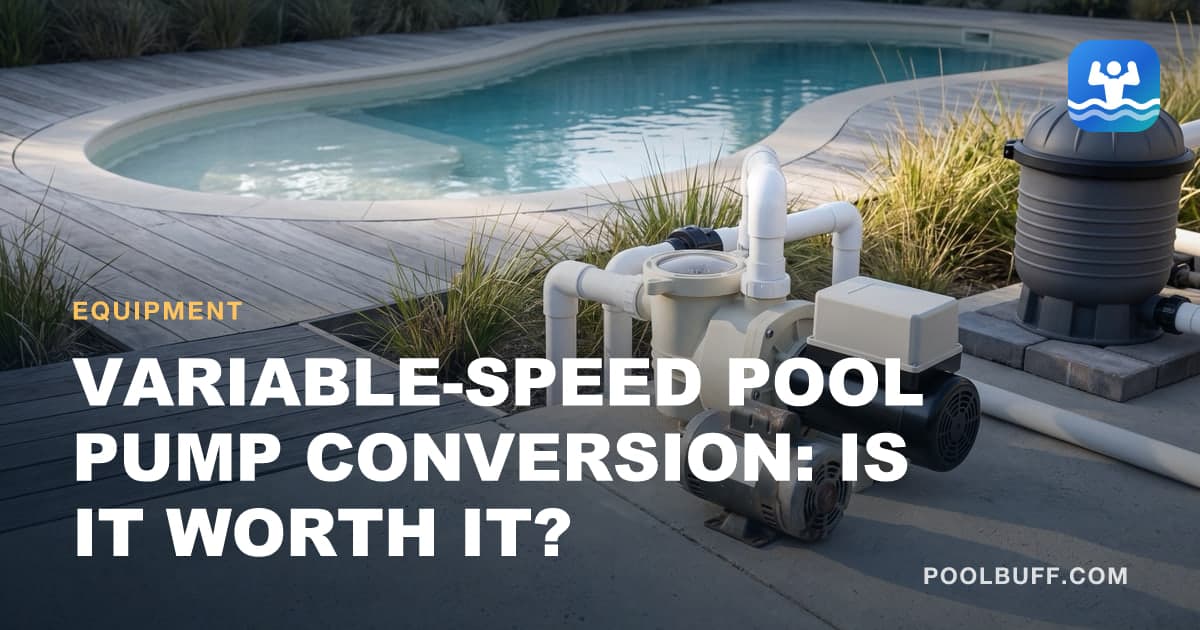 A pool pump on a concrete pad with a new black motor and pale gray drive box fitted to its almond housing, the old rusted motor set down on the concrete in front