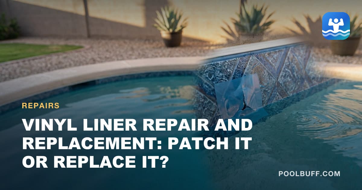 A vinyl liner patch being smoothed underwater at a pool wall