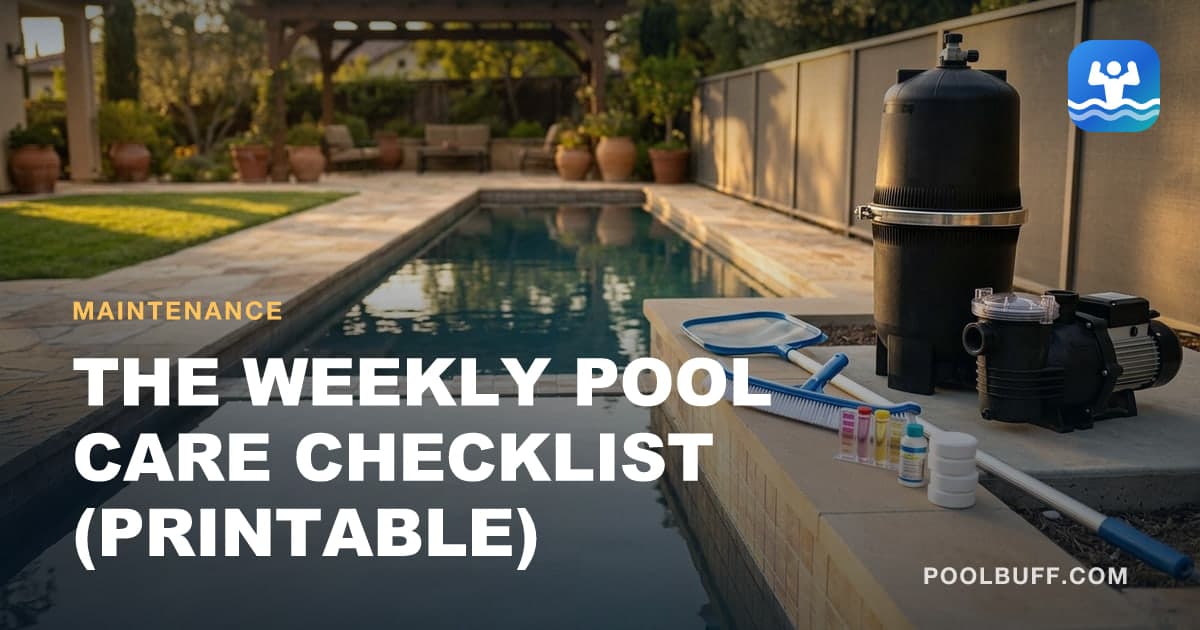 Brush, net, test kit and tablets arranged neatly on pool coping