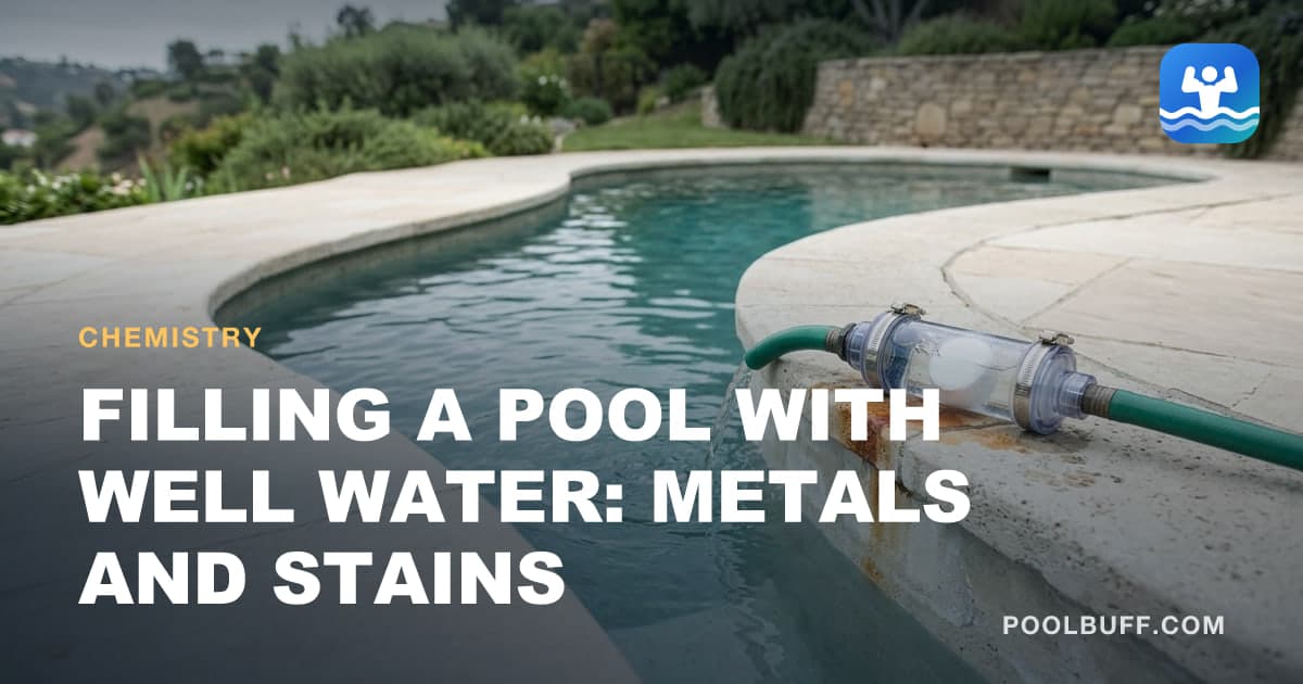 A garden hose feeding a pool through a clear inline cartridge housing clamped to the coping, water running